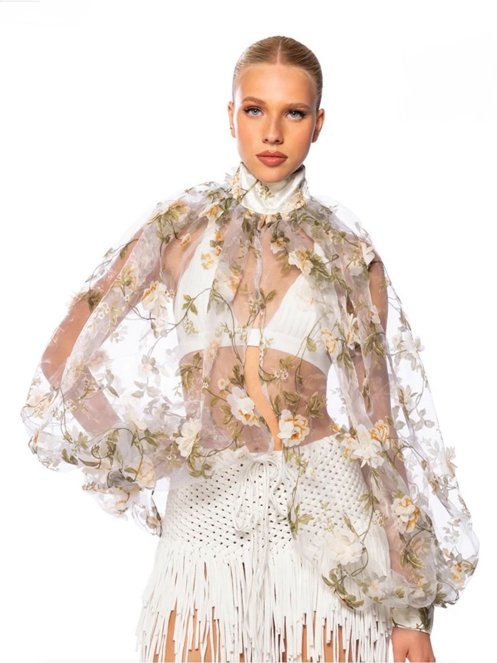 AKIRA Sheer Floral Organza Blouse in Ivory, Cream & Green